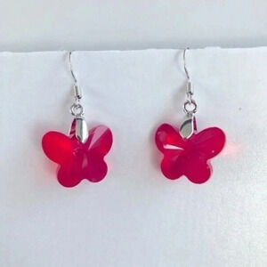 Red Butterfly Rainbow Aura Titanium Crystal Quartz Drop Earrings NWT